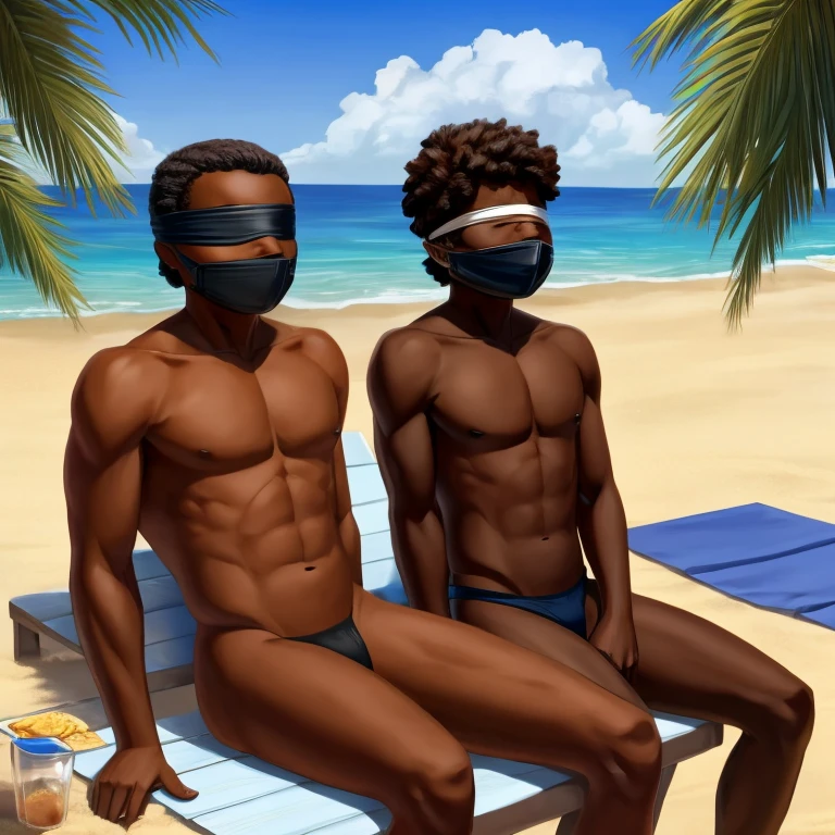 A heavy tanned dark skinned brown skinned boy with a blindfold and a plug gag, sitting beside a pale girl with no restraints, on a beach