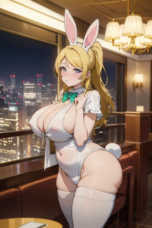 （Highest quality、highest quality、４K,、doggy style、model、Bunny costume、Blonde）,Fully glazed、A super luxury hotel with a night view、whole body、Huge saggy breasts and loose ass（Super big boobs)、Flabby belly、（Bunny costume）、