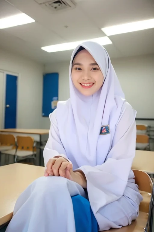 a half body portrait, of a woman indoor, in an classroom, ((perfect face)), ((perfect tooth)), warm lighting, looking at viewer, smiling, (((baju kurung, white hijab:1.2))), (black skirt),