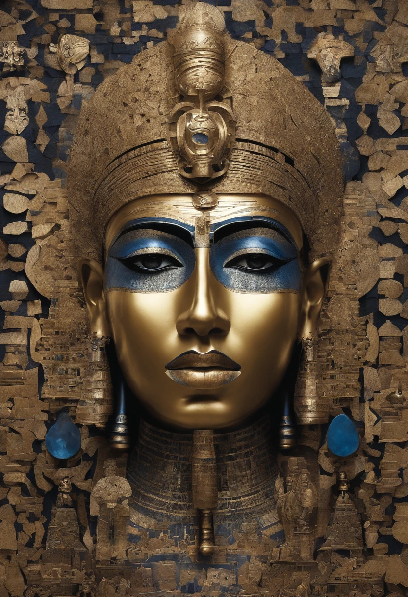 The Egyptian man was covered in small people wearing various forms of black., In the form of detailed atmospheric portraits, Indigo and Bronze, Made from all of the above, social media portrait photography, exquisite texture, disrupted, emotional expression,