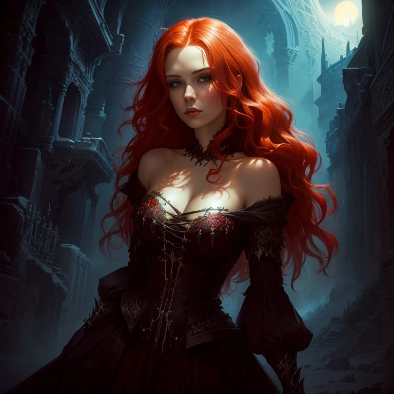 Close-up of a red-haired woman in a dress, dark Fantasy style art, gothic fantasy art, Charlie Bowter: Rich and deep colors, Character art by Charlie Bowter, Dark Fantasy Art, in style of Dark Fantasy Art, Charlie Bowter&#39;s Style, Charlie Bowater&#39;s art style, Fantasy style art, Copper-haired girl, dark fantasy illustration