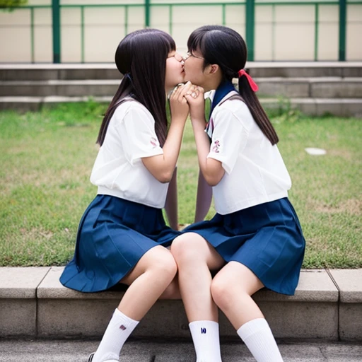 Two Japanese elementary school girls wearing short sleeves and shorts are kissing happily
