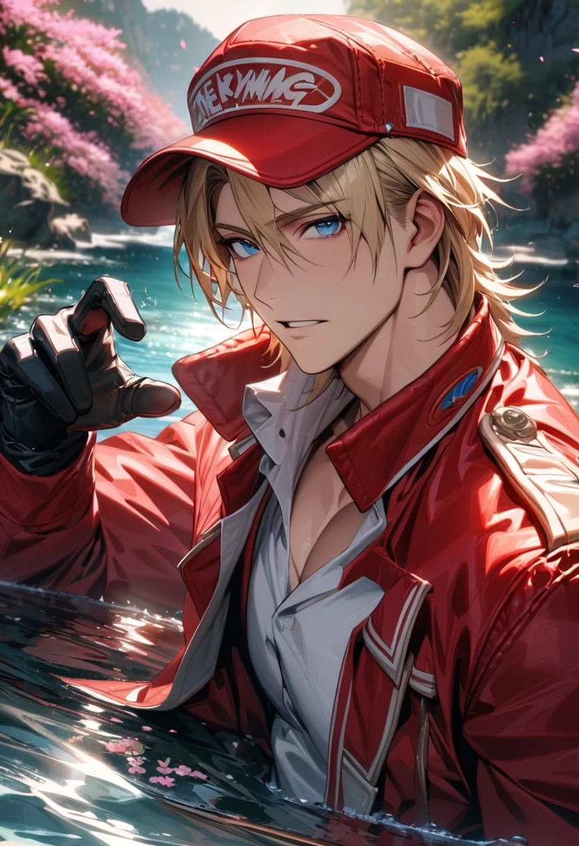 absurdres, highres, ultra detailed, HDR, master piece, best quality, extremely detailed face and eyes, Terry Bogard, blond hair, expressive blue eyes, The King Of Fighters, red cap, red jacket, white shirt, black gloves, solo, sexy man, handsome, pink flowers, water, spring