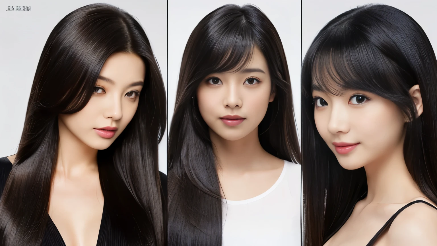 (((Three beautiful identical triplets, all 24 years old, standing side by side in the same space, chatting happily.　Photograph them from the waist up from the front)))　((Random poses to show the viewer as much hair as possible:1.3))　(Her bangs are perfect hime cut full bangs)　((長い黒髪のbeautiful30歳の美人, extremely length Hair, extra length Hair, very long, Flowing Hair, very length Hair, length Hair girl, very long, Flowing black hair, length Hair windy, very long黒髪, length, Flowing Hair, length and curly hair, with length Hair, length Hair!!!!　Her highest quality hair is long and straight., very long, highest quality black hair, length hair in the center, Highest quality long straight hair, length, straight, beautiful, High quality hair, length and free black highest quality straight hair, length Hair, length and straight, highest quality black hair, Perfect silky straight hair of the highest quality, straight, highest quality black hair, length black straight hair, length, Thin black hair　Her hair is long and straight, very long black hair, length hair in the center, length straight hair, length, straight, beautiful hair of the highest quality, length Hair, length, straight black hair, length and free straight black hair, straight black hair))　(Pure white wall background:1.8. Photo of upper body from waist up)　(日本で最もbeautiful24歳のヘアモデル)　(She looks at the viewer with a very seductive expression..)　((highest quality)), ((masterpiece)), (Familiar)　(Get used to it)　Perfect Face　(Her skin is a typical 日本ese skin color.、And very detailed)　　(Big Breasts:1.3)　(She is wearing a white skirt and a white blouse..)　(彼女はbeautiful顔とCurvy Body体型をしている..., Narrow eyes)　(彼女は完璧なbeautifulメイクと顔を持っています　Lipstick is light red　A solid eyeliner)　((Rich 1.4))　(Extremely detailed 8K)　(Ultra-fine skin texture 1.4)　(Actual, Vibrant:1.4), double eyelid　Sharp focus:1.2、Beautiful woman:1.4　Dynamic Lighting　(Genuine RAW photos taken by professional photographers)　(Her long bangs、Well Organized)　(Turn your whole body to the viewer)　Professionally lit from the front　(She has a bright and cheerful face)