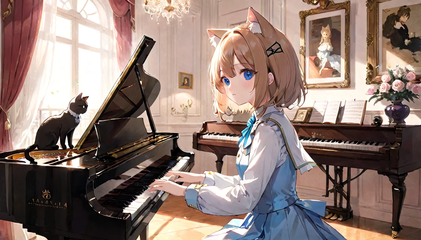 (masterpiece, best quality, very aesthetic, absurdres,general) ,
1girl, solo,、music room、Girl playing classical piano、Cat ear、clear eyes