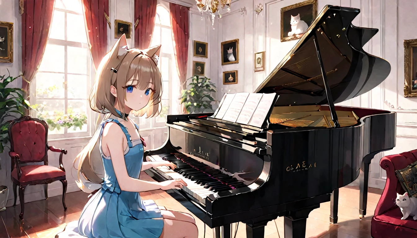 (masterpiece, best quality, very aesthetic, absurdres,general) ,
1girl, solo,、music room、Girl playing classical piano、Cat ear、clear eyes