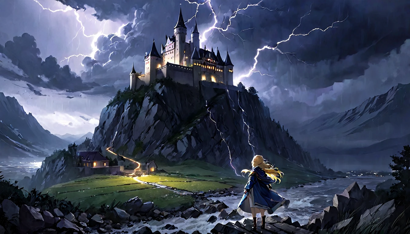 (masterpiece, best quality, very aesthetic, absurdres,general) ,
1girl, solo,A stormy night with thunder echoing, an abandoned castle built atop a rocky mountain.