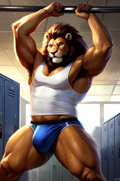 Medium muscular, lion, in tank top, white shirt, no pants, no shorts, jockstrap, massive bulge, big bulge, large bulge, bulge as big as his head, zoomed in on crotch, (((sweaty))), arms above head, spread legs, standing up, breathing hard, standing in a gym locker room, bedroom eyes, mystikfox61, chunie, darkgem