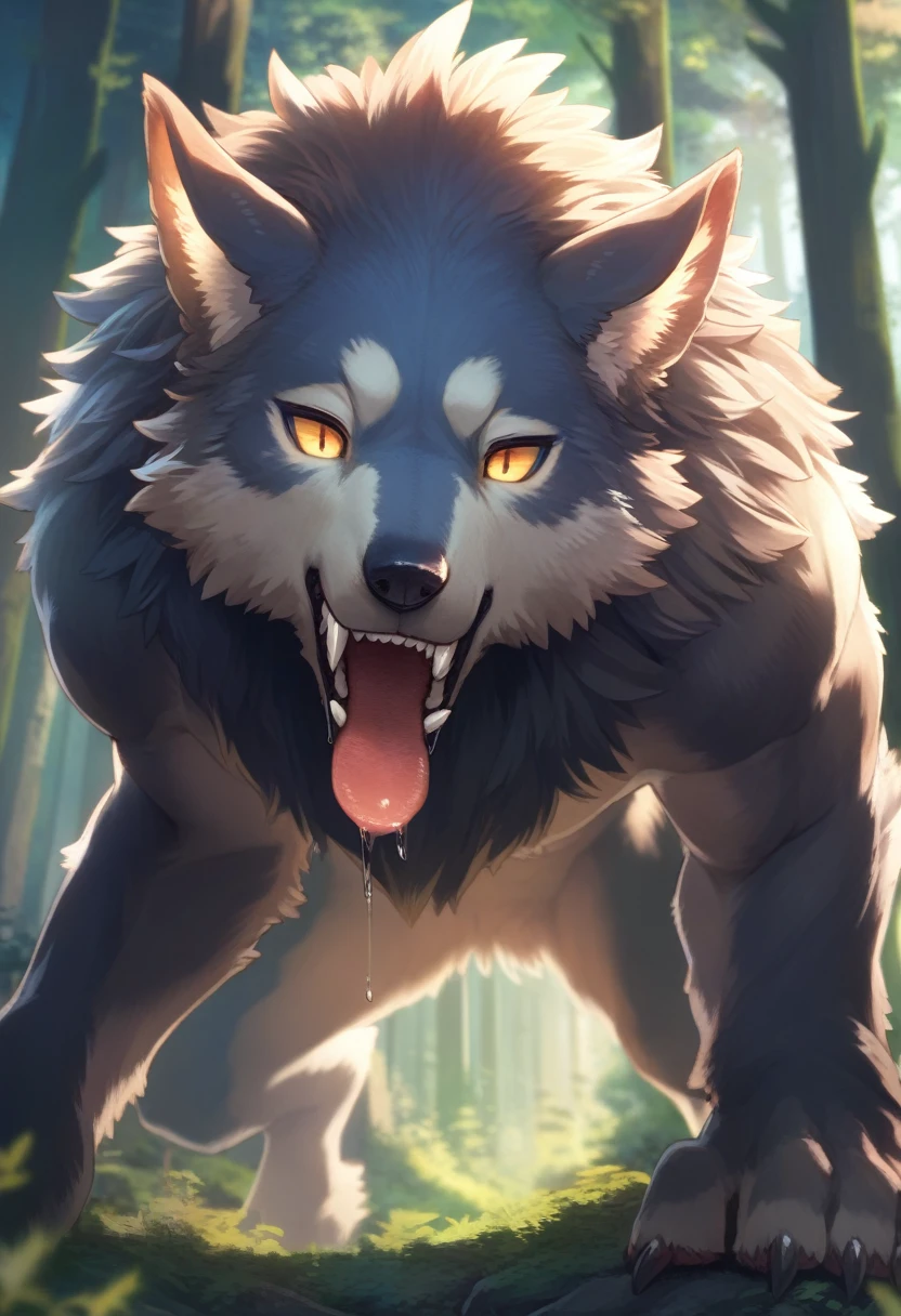 masterpiece, highest quality, highest quality, Ultra-high resolution, Detailed Background(Very exquisite beautiful face and eyes), Perfect Anatomy(, kemono, Focus Only),naked,( Werewolf facial features,Werewolf Physical Characteristics),forest,Detailed fur expression,Sticking out tongue,solo,Drooling,(Full body 1.5),The face I noticed here,