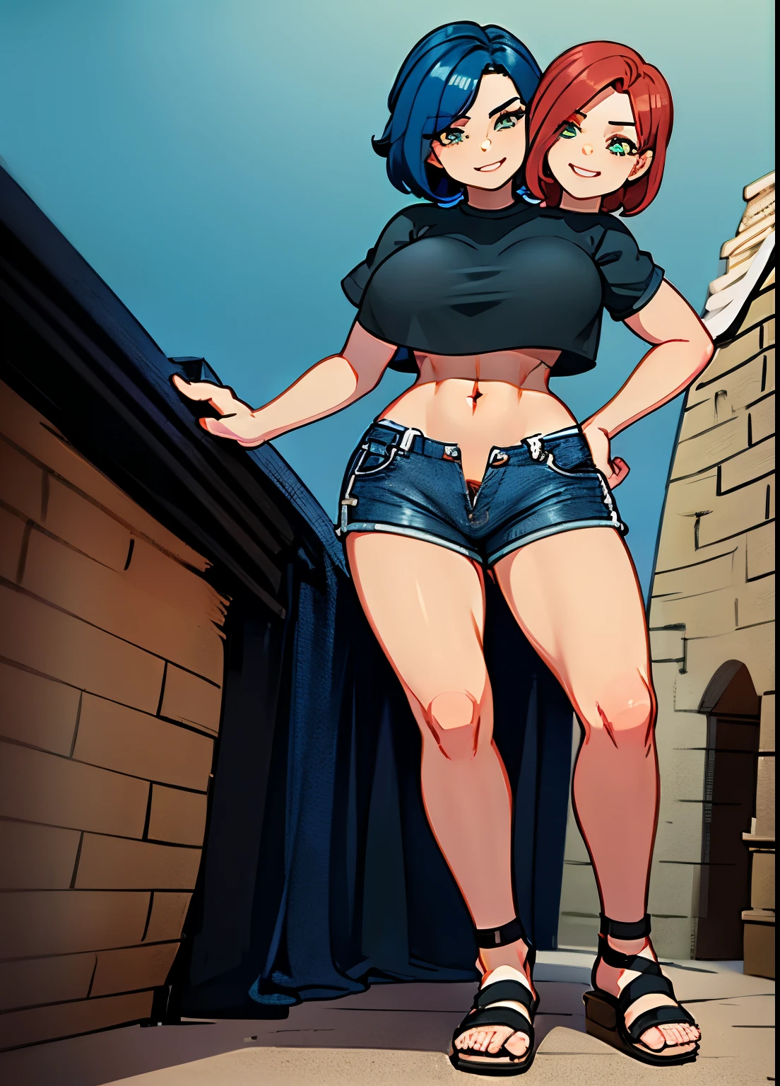 best quality, (masterpiece),(ultra-detailed), (high quality), (high resolution), (2heads:1.5), ((red hair)), ((blue hair)), ((different hair colors)), large breasts, shorts , full body,best quality:1.5, highres, UHD, 4K), medieval outfit, smiling, ((black crop top:1.5)), wearing sandals, medieval castle background, ((full body)), ((seductive pose)), ((detailed eyes)), (mature woman), exposed midriff, ((giant woman))