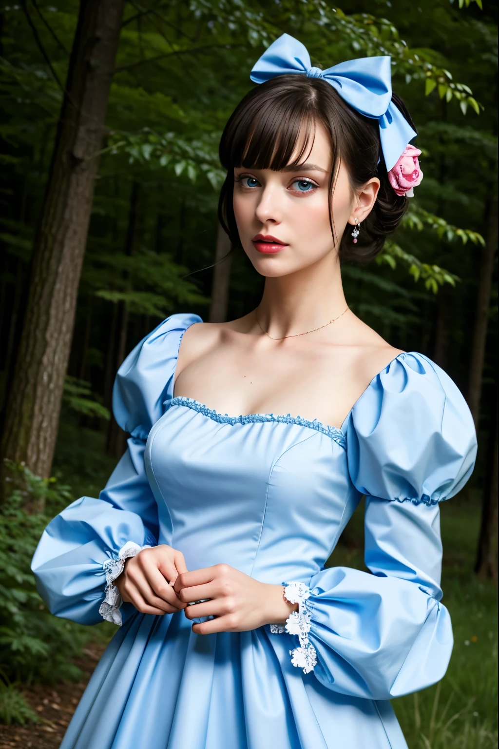 ((masterpiece), (Realistic), highest quality:1, High resolution, 4K, super High resolution), One girl, dress, view your viewers, lanthanum, long sleeve, red dress, candy, bangs, alone, Puffy sleeves, blue eyes, black bow, Gray Hair, bow, short hair, jewelry, Juliet Sleeve, Lollipop, blush, Mouth closed, hair bow