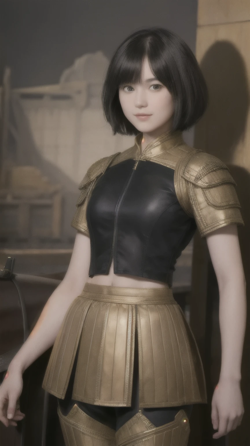 222 Short Hair, 20-year-old woman, A kind smile, (Luxurious stables), (Rembrandt-style painting), (machinery suit, Clothes that show abs、Clothes with short sleeves)