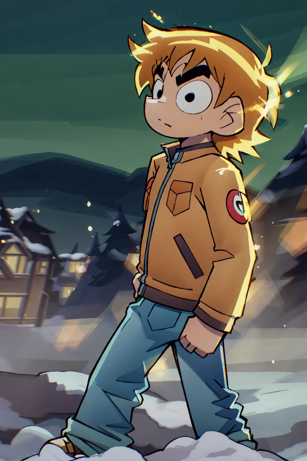 Scott Pilgrim Takes Off A Boy Scott Pilgrim Orange Hair Shirt Jacket Thick Eyebrows Canada A Man Standing in the Snow Illustration, ultra-detailed, HDR, vibrant colors, soft lighting