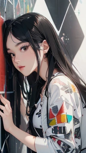(((Highly detailed CG unit 8K wallpaper:1.2, masterpiece, High resolution:1.2, highest quality:1.2, Tabletop))), ((Very beautiful woman, Put your hands in your pockets:1.8, Grunge Fashion:1.2, wear a blouson:1.2, Wearing skinny jeans, Putting on your shoes)), ((Highly detailed face, Highly detailed black eyes, Highly detailed body, highest qualityのリアルテクスチャスキン)), (Black-haired, Hair length, White skin, small:1.2), ((Colorful geometric patterns are painted all over the wall.., Colorful wall)), (High Angle:1.2, Fisheye Lens:1.3), Surreal, Digital Painting,