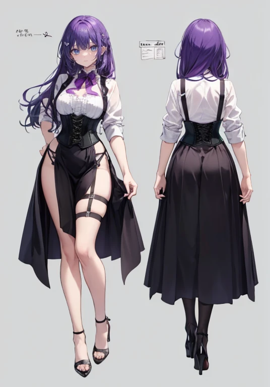 Purple hair,Long hair,Adult female,Bartender,((Body harness)),((Rolling up your sleeves shirt)),(Corset),(skirt),(slit),High heels,((Simple background)),Smile,((Full body)),((whole body)),Character Sheet,