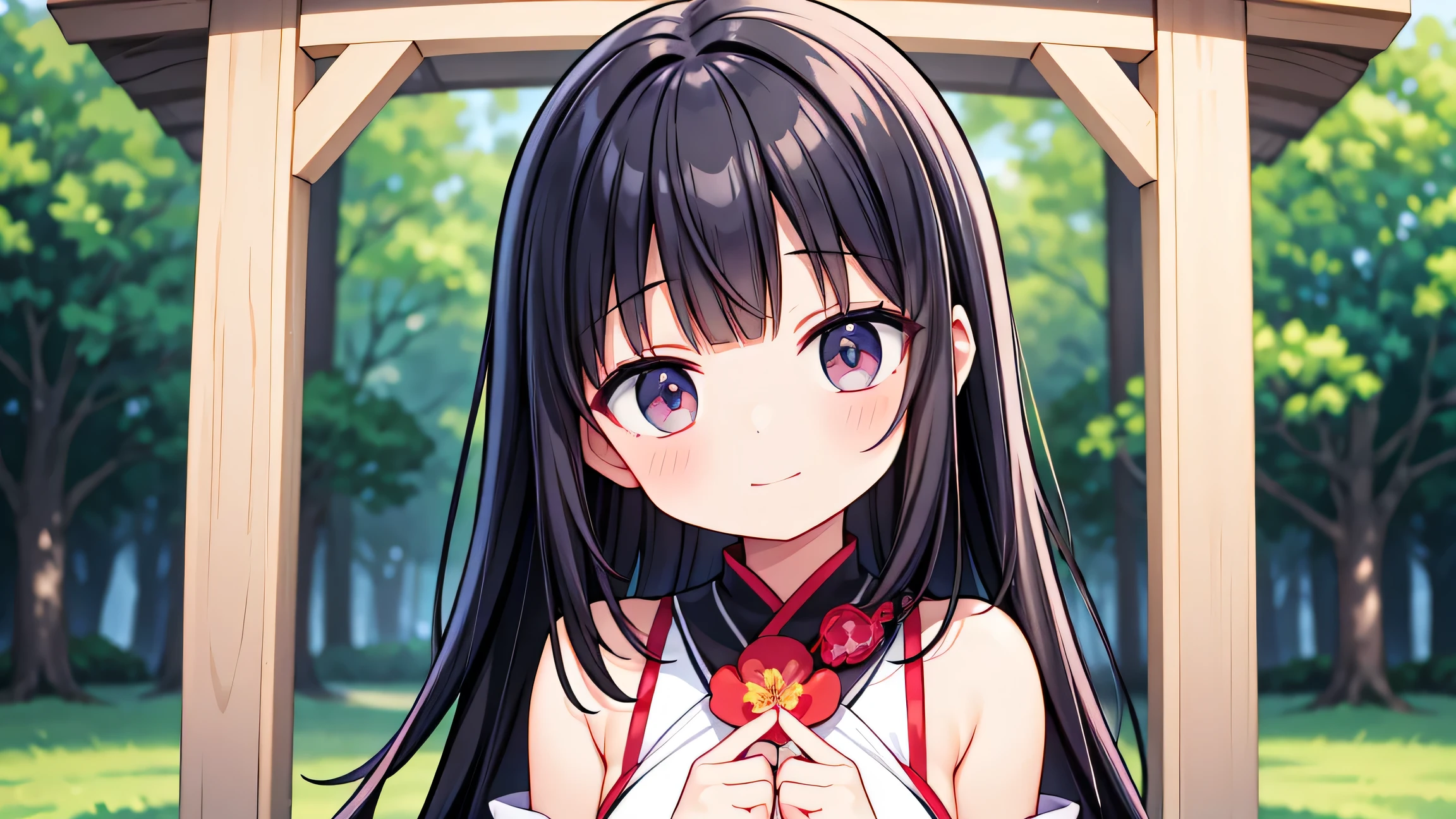 Normal of chest、masterpiece、8K wallpapers incorporating detailed CG、Two girls and two boys、12 years old、Baby Face、beautiful、smile、、Genuine、Blurred、Blurred_background、Blurred_prospect、branch、Plum offlower、depth_of_Field、flower、gem、nose、Realistic、pale black hair、alone、Shrine maiden costume、Hide your fingers、Hide your arms、Just put on a bra、whole body、Long Hair、Straight bangs、