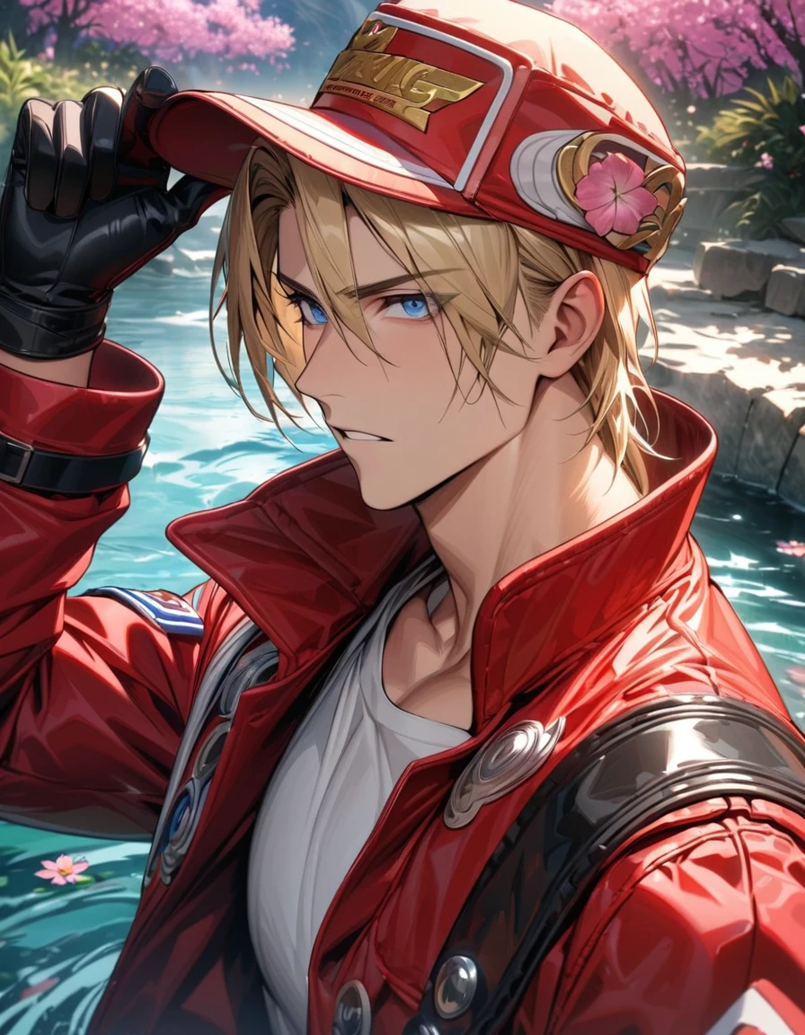 absurdres, highres, ultra detailed, HDR, master piece, best quality, extremely detailed face and eyes, Terry Bogard, blond hair, expressive blue eyes, The King Of Fighters, red cap, red jacket, white shirt, black gloves, solo, sexy man, handsome, pink flowers, water, spring