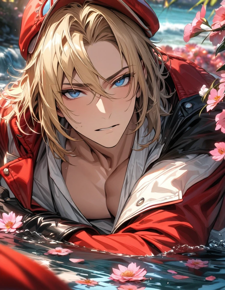 absurdres, highres, ultra detailed, HDR, master piece, best quality, extremely detailed face and eyes, Terry Bogard, blond hair, expressive blue eyes, The King Of Fighters, red cap, red jacket, white shirt, black gloves, solo, sexy man, handsome, pink flowers, water, spring