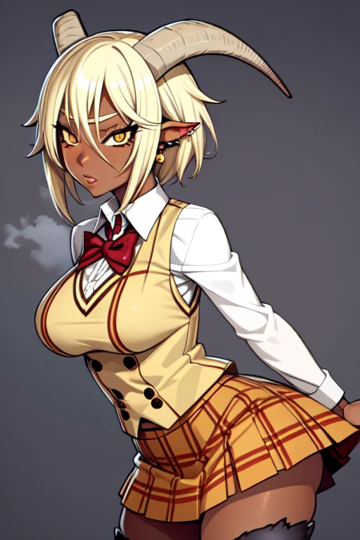 satyr, goat_horns, legfur, animal ears, solo, 1girl, blonde hair, short hair, amber eyes, dark skin, (gyaru), gyaru clothes, gyaru hair, piercings, earrings, (tomboy), large breasts, (tall), wearing skirt, white shirt,