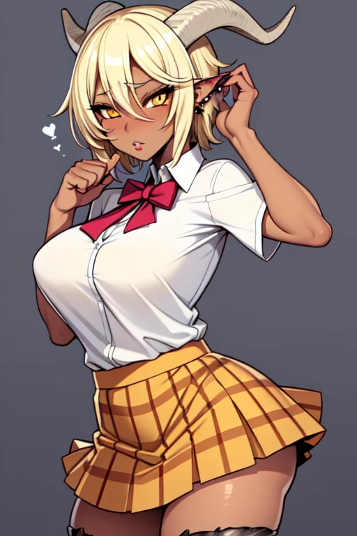 satyr, goat_horns, legfur, animal ears, solo, 1girl, blonde hair, short hair, amber eyes, dark skin, (gyaru), gyaru clothes, gyaru hair, piercings, earrings, (tomboy), large breasts, (tall), wearing skirt, white shirt,