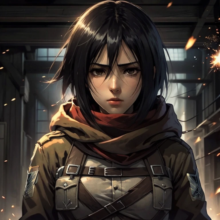 One girl, Manga style, Mikasa Ackerman with a red scarf around her neck, Wearing a Survey Corps uniform、wears a green hooded cloak, exhibiting intense sadness and melancholy,  anime attack on titan mikasa, Moment of despair on the battlefield, Crying face, postwar fire particles, shingeki no kyojin, From the Attack on Titan anime, Amazing full color, high quality, Very detailed, 8k Ultra HD