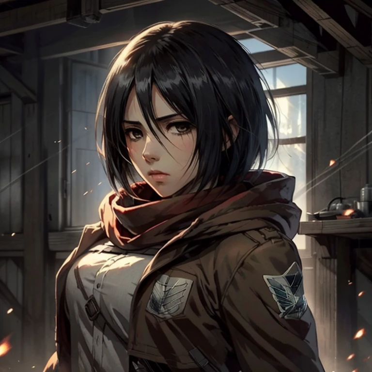 One girl, Manga style, Mikasa Ackerman with a red scarf around her neck, Wearing a Survey Corps uniform、wears a green hooded cloak, exhibiting intense sadness and melancholy,  anime attack on titan mikasa, Moment of despair on the battlefield, Crying face, postwar fire particles, shingeki no kyojin, From the Attack on Titan anime, Amazing full color, high quality, Very detailed, 8k Ultra HD