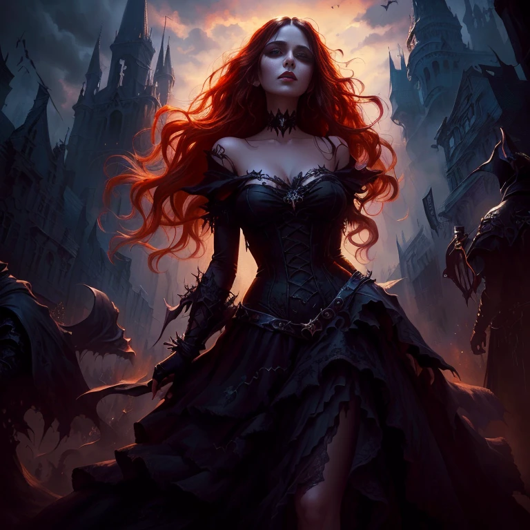 Close-up of a woman in a dress walking down the street, dark Fantasy style art, Dark Fantasy Art, in style of Dark Fantasy Art, gothic fantasy art, Dark Fantasy Artwork, dark fantasy horror art, Fantasy Dark Art, dark fantasy illustration, fantasy horror art, 4k fantasy art, Fantasy style art, Dark Fantasy Oil Painting, Horror fantasy art