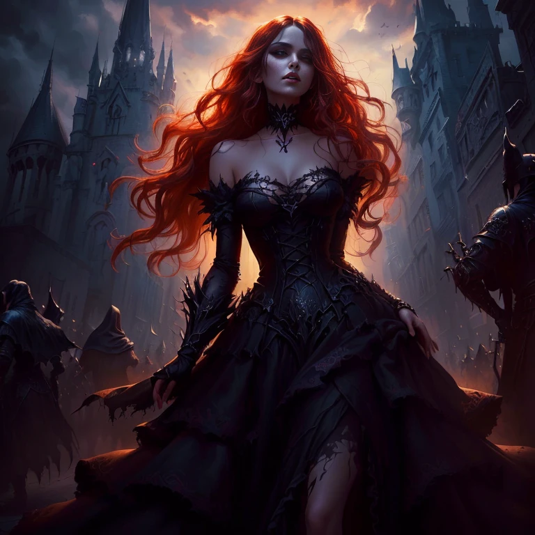 Close-up of a woman in a dress walking down the street, dark Fantasy style art, Dark Fantasy Art, in style of Dark Fantasy Art, gothic fantasy art, Dark Fantasy Artwork, dark fantasy horror art, Fantasy Dark Art, dark fantasy illustration, fantasy horror art, 4k fantasy art, Fantasy style art, Dark Fantasy Oil Painting, Horror fantasy art