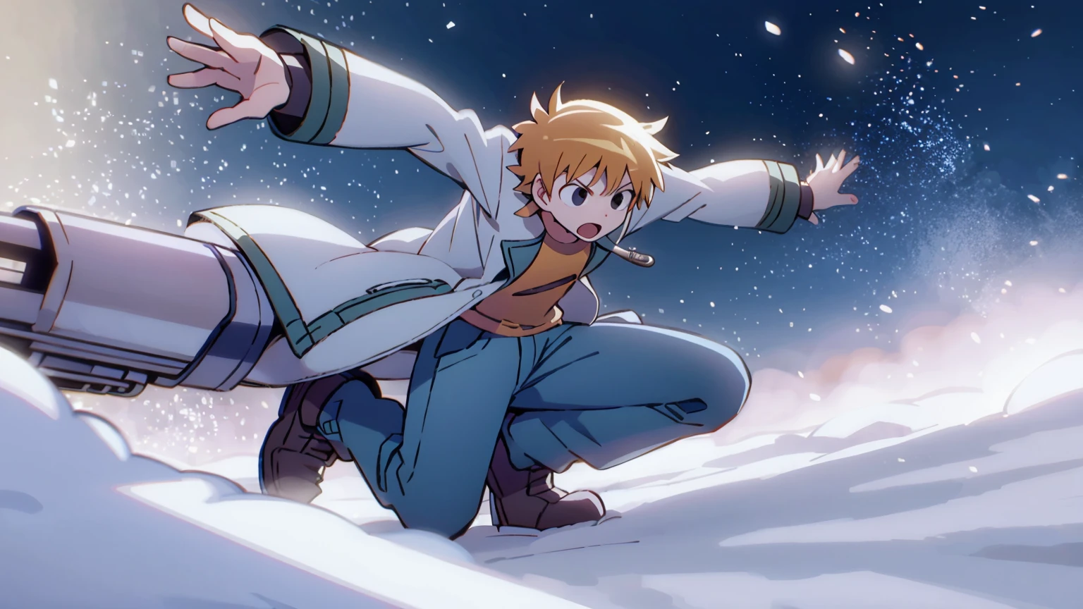 Scott Pilgrim Takes Off A Boy Scott Pilgrim Orange Hair Shirt Jacket Thick Eyebrows Canada A Man Standing in the Snow Illustration, ultra-detailed, HDR, vibrant colors, soft lighting