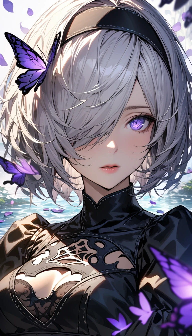 Ultra detailed, Highres, absurdres, HDR, 2B, white hair, short hair, black hairband, blindfolded eyes, hair over the right eye, black dress with patterns, black gloves, Nier Automata, purple flowers, petals, extremely beautiful, woman, solo, very detailed eyes and face, purple butterflies, water, master piece, best quality