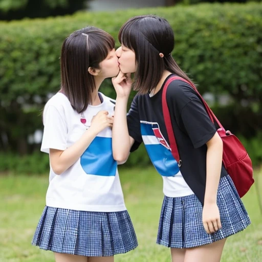 Two Japanese elementary school girls wearing short sleeves and shorts are kissing happily