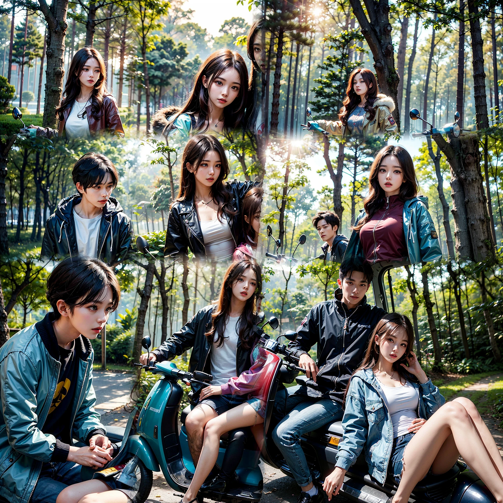 professional photography image, masterpiece, confident and charming Korean couple, romantic, 25 years old, natural make up, she with long flowing wavy maroon trendy hair, he with short taper fade trendy hair, wearing modern clothing, jacket semi parka with batik Indonesia culture, around a vehicle Vespa batik, complicated design fantasy cosplayer, resembling photo Sony 7000D, ultra realistic with a mystical forest background, dappled sunlight, lens flare for a dreamy effect, in a dynamic pose, with a changed angle of view for a more dramatic effect