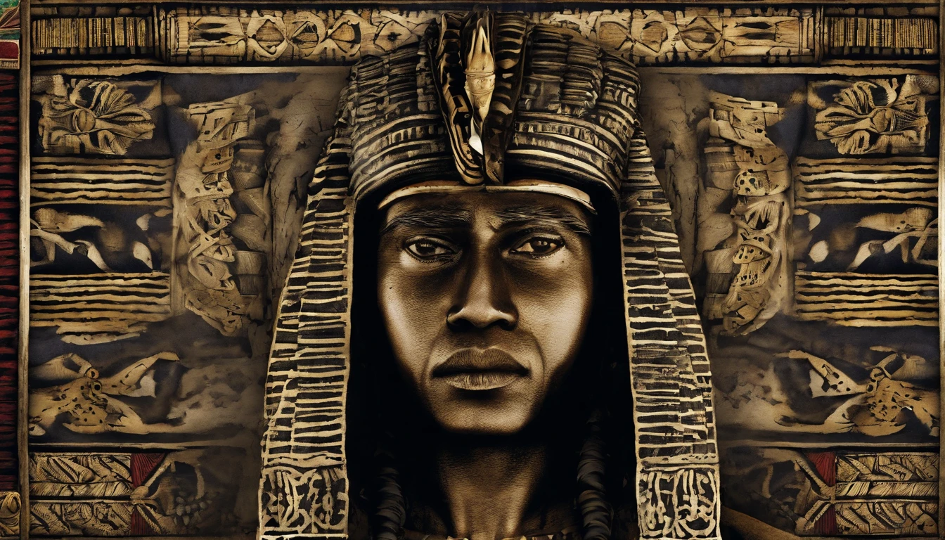 The Egyptian man was covered in small people wearing various forms of black., In the form of detailed atmospheric portraits, Indigo and Bronze, Made from all of the above, social media portrait photography, exquisite texture, disrupted, emotional expression,
