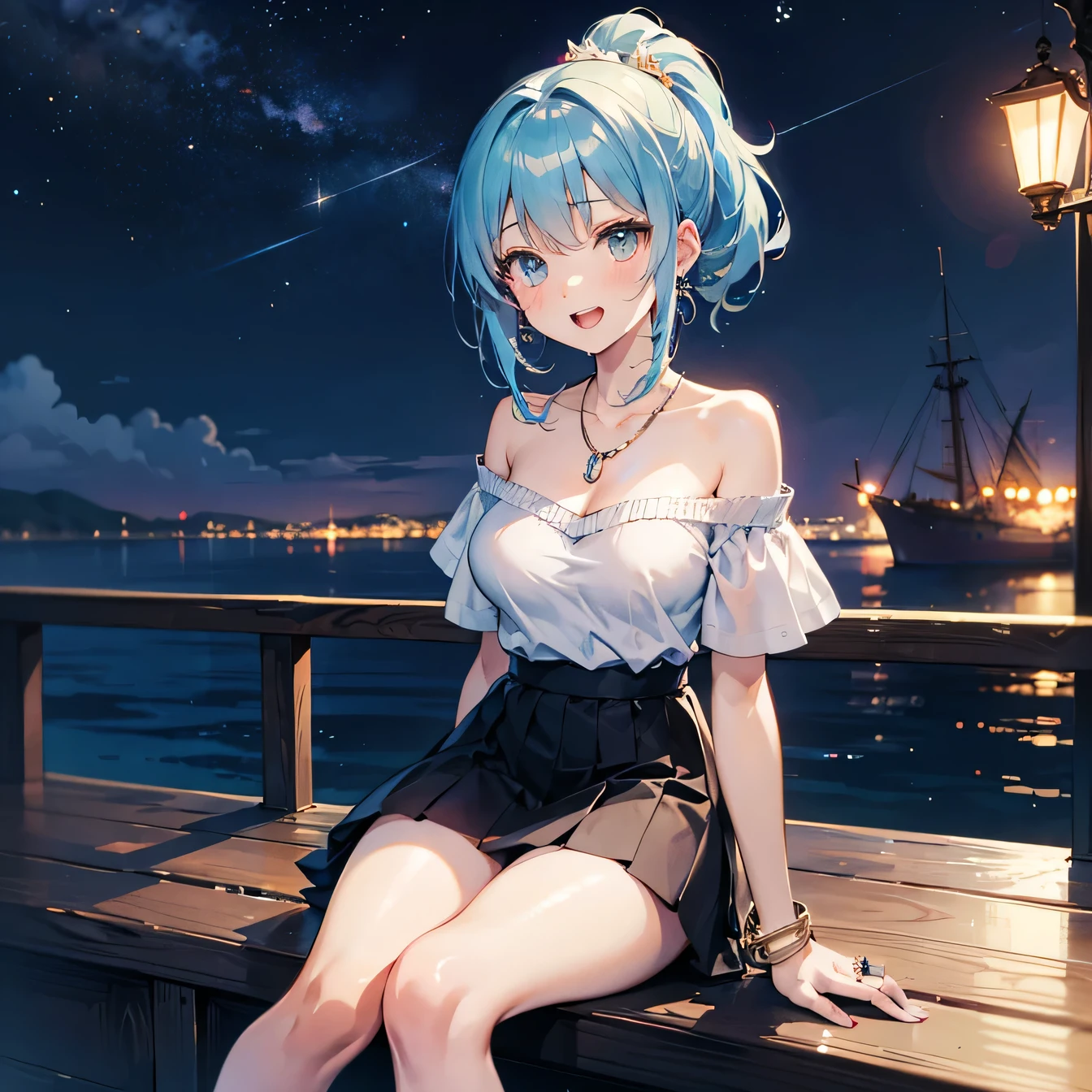 Anime Moe Art Style,highest quality,High resolution,Anatomically correct,One Girl,Mid-teens,A girl with light blue hair in a ponytail,Super detailed,Fantasy-style world,Off-the-shoulder tops,mini skirt,Big Breasts,Laughing with your mouth open,Ship deck,Sitting on the railing,Looking up at the night sky,Eyes drawn in detail,hair ornaments,necklace,bracelet,ring,8K