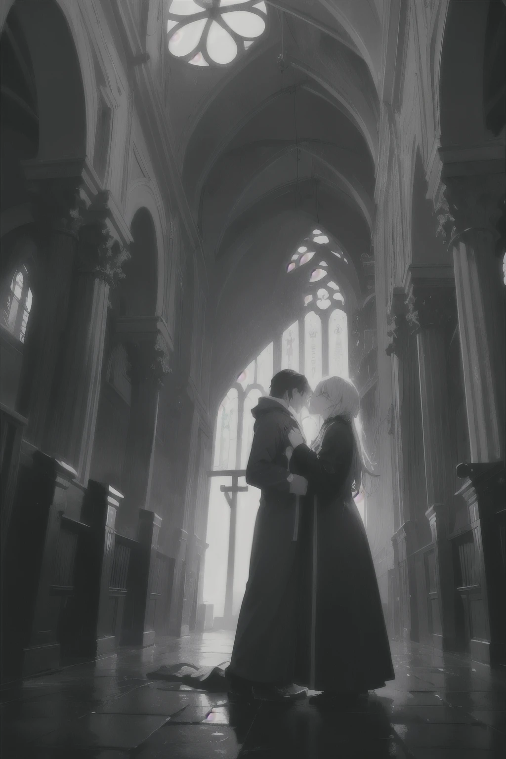 ((Best quality)), ((masterpiece)), (detailed), ((dark colors)), (gloomy atmosphere), (2 characters), (male characters), (white hair), (black hair), (hugging pose), (madness), manic, perspective, shot from below, (church), priests' clothes, (cold colors), (cold lighting), dust, crosses, night, (moonlight), tension, fear, abduction