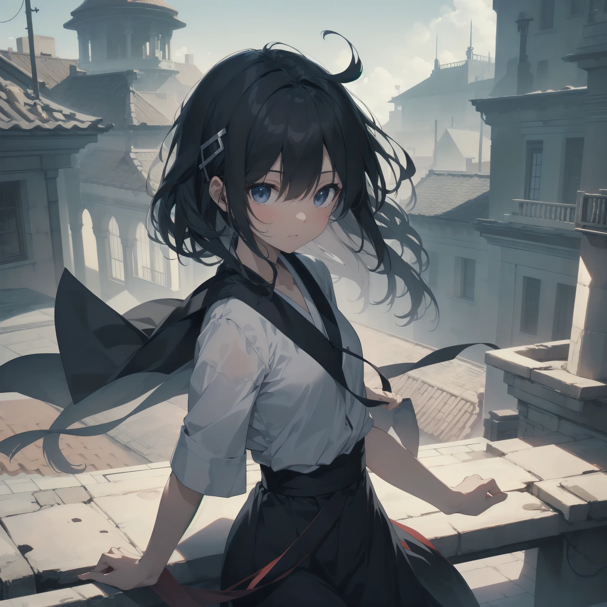 ultra-absurdres-Top quality by artist God, ultra-detailed, high resolution, anime moe artstyle, best anime 8k konachan wallpaper, pixiv contest winner, pool:4339, perfect anatomy, break, 1girl, (Please draw a ninja girl stand on castle roof alone. ) cowboy shot, dutch angle, from above,break,(Solo,tomboy, 9-year-old:1.3),Full limbs, complete fingers,(very short hair, blunt bangs), flat chest, small butt, small black eyes, beautiful detailed eyes, well-proportioned iris and pupils, expressive eyes, highres detailed hair, soft expression,(sleeveless kimono),ninja hakama,obi,ornate hairpin,ninja scarf,(Detailed Lighting), (Detailed background), on roof, in the castle rooftop. break,super detailed skin, Best cinematic lighting powered by famous artist, 8k,beauty illustration,photoshop_(medium),very aesthetic,break,((artist:luicent )), artist:bolze ,artist:oyari ashito ,artist:kantoku ,