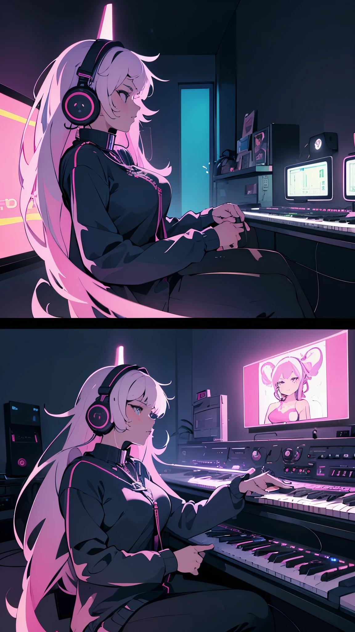 Best quality, (masterpiece:1.2), best detail face,1 girl, good breasts, 18 yo, 8k,absurdres,unity 8k wall paper,(extremely detailed:1.3), highest realistic, (headphones:1.1), (soft neon light:1.1), (floating hair:1.2), (psychedelic:1.2), Her room full of music equipment, loungewear, (((playing retro synthesizer)))
