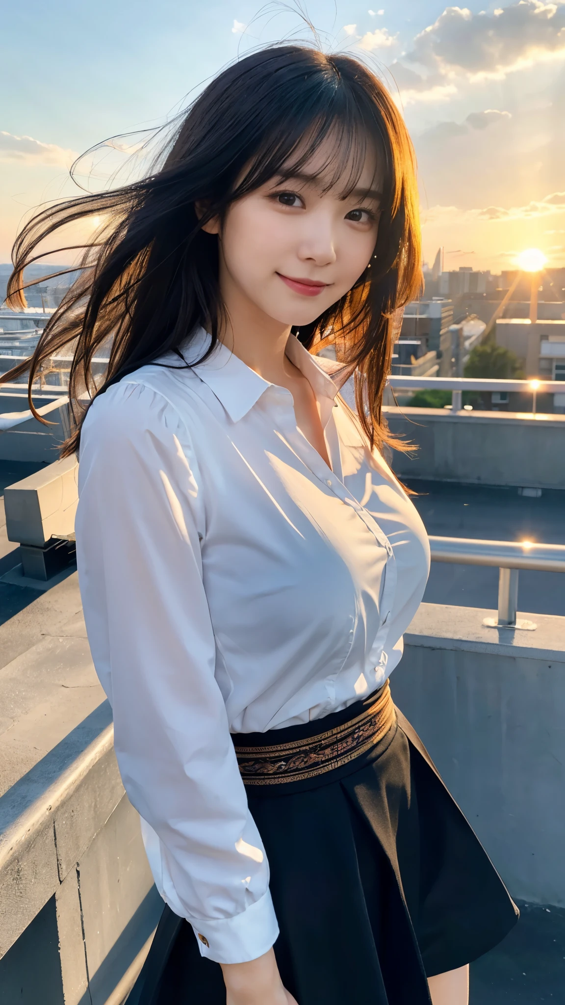 (highest quality,masterpiece:1.3,Ultra-high resolution),(Super detailed,Caustics,8k),(Photorealistic:1.4,RAW shooting),Japanese,23 years old,cute,Are standing,(A big smile),(Looking into the camera),Black Hair Middle Hair,Big Breasts,White blouse,Knee-length skirt,Strong winds,Hair blowing in the wind,Rooftop,Backlight,Sunset,Sunset sky,(Bust up shot),(Face Focus:1.1),(Face close up:1.1),(High Position),(High angle),Natural light