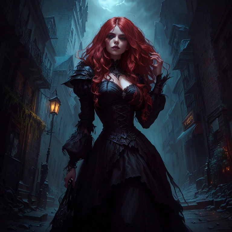 Close-up of a woman in a dress walking down the street, dark Fantasy style art, Dark Fantasy Art, in style of Dark Fantasy Art, gothic fantasy art, Dark Fantasy Artwork, dark fantasy horror art, Fantasy Dark Art, dark fantasy illustration, fantasy horror art, 4k fantasy art, Fantasy style art, Dark Fantasy Oil Painting, Horror fantasy art
