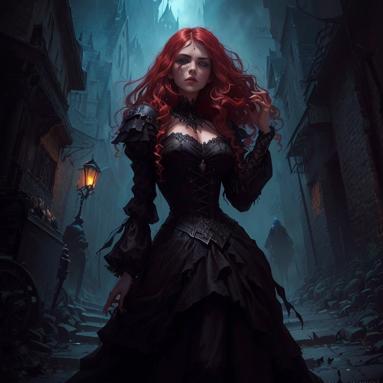 Close-up of a woman in a dress walking down the street, dark Fantasy style art, Dark Fantasy Art, in style of Dark Fantasy Art, gothic fantasy art, Dark Fantasy Artwork, dark fantasy horror art, Fantasy Dark Art, dark fantasy illustration, fantasy horror art, 4k fantasy art, Fantasy style art, Dark Fantasy Oil Painting, Horror fantasy art