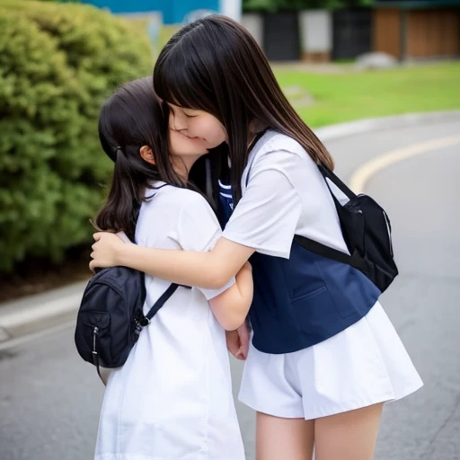 Two Japanese girls in short sleeves and shorts are hugging and kissing