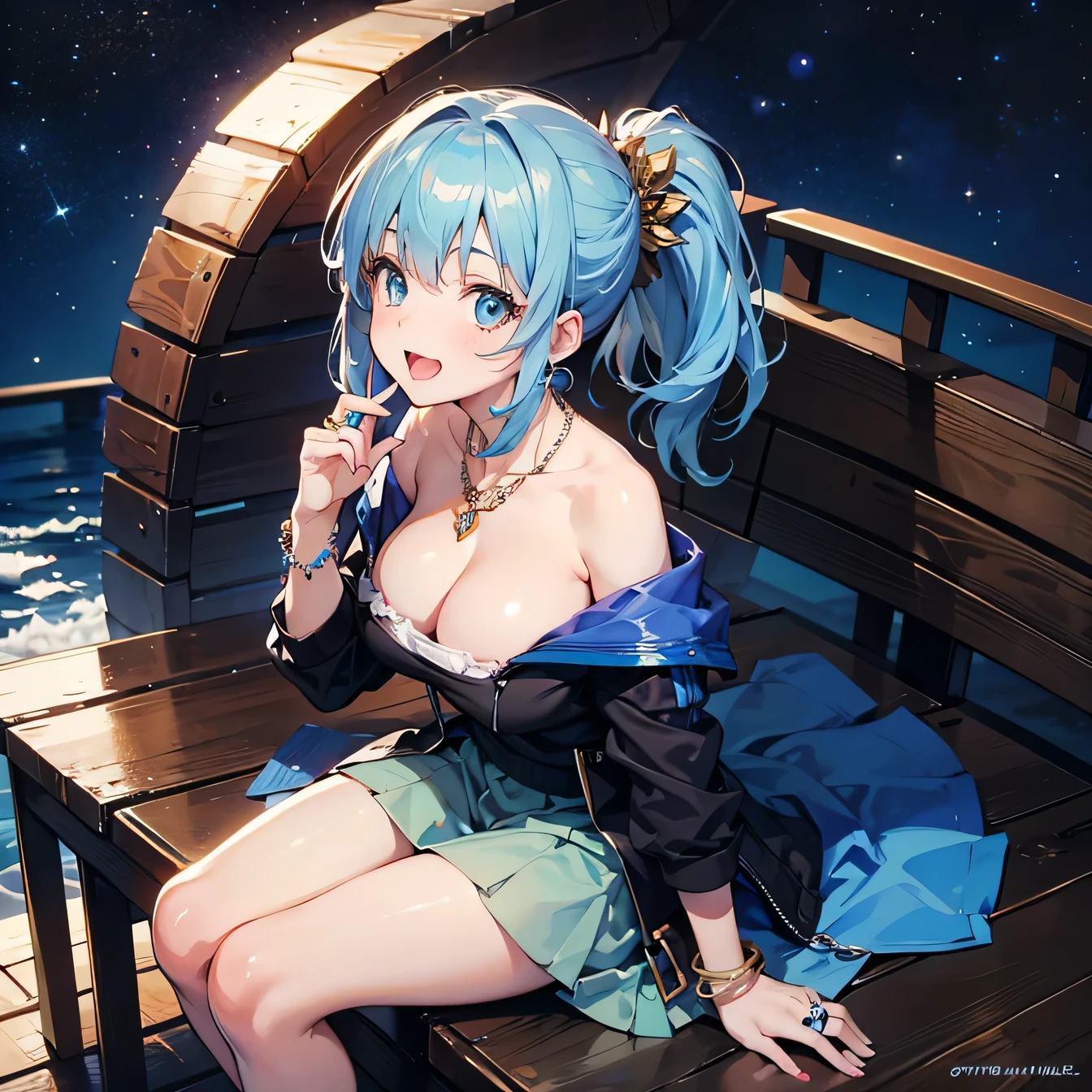 Anime Moe Art Style,highest quality,High resolution,Anatomically correct,One Girl,Mid-s,A girl with light blue hair in a ponytail,Super detailed,Fantasy-style world,Off-the-shoulder tops,mini skirt,Big Breasts,Laughing with your mouth open,Ship deck,Sitting on the railing,Looking up at the night sky,Eyes drawn in detail,hair ornaments,necklace,bracelet,ring,8K