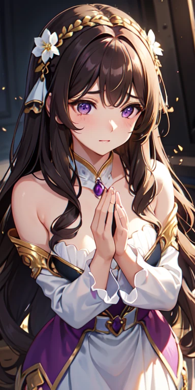  a woman with wavy brown hair that falls delicately over her shoulders, deep amethyst eyes that shine with an inner light when she is focused on her work, and a serene expression but charged with emotion as he creates life with his hands.