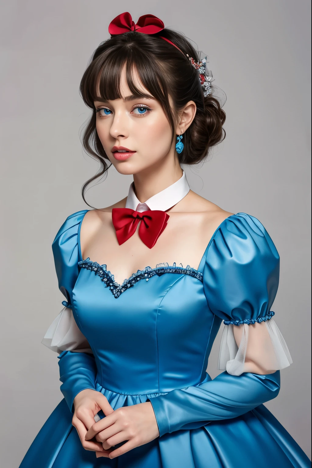 ((masterpiece), (Realistic), highest quality:1, High resolution, 4K, super High resolution), One girl, dress, view your viewers, lanthanum, long sleeve, red dress, candy, bangs, alone, Puffy sleeves, blue eyes, black bow, Gray Hair, bow, short hair, jewelry, Juliet Sleeve, Lollipop, blush, Mouth closed, hair bow 