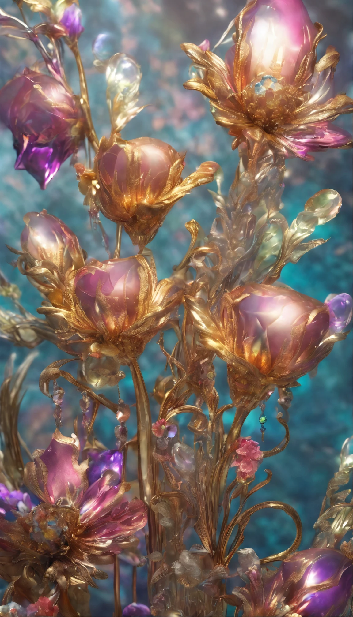 All expressed with colorfull jewels, the arrival of spring, various beautiful balloonflower made of jewels, angles looking up from below, various jewels falling from the sky, wonderful and beautiful superb view, slightly hazy, fantastic, high resolution, 8K, (best quality, highres, realistic:1.37), shiny metallic flowers, intricate and delicate petals, reflective surfaces, vibrant colors, intricate details, close-up view, surreal garden, surreal beauty, dreamy atmosphere, fine art, abstract botanicals, metallic sculpture, contrasting textures, ethereal glow, Neon lights covered with various flowers shaped like gemstones.