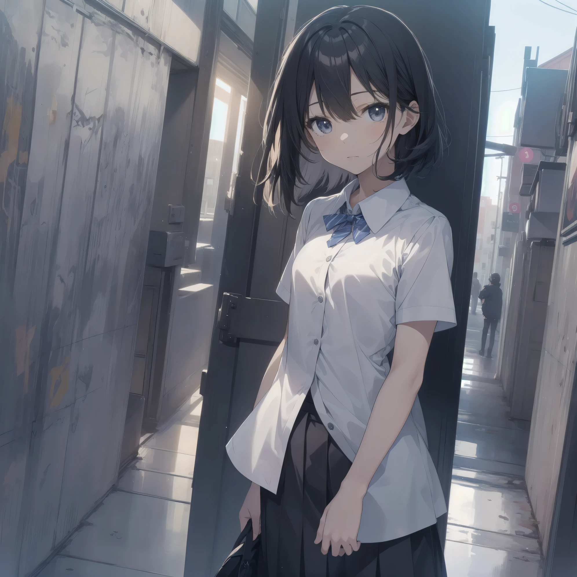 ultra-absurdres-Top quality by artist God, ultra-detailed, high resolution, anime moe artstyle, best anime 8k konachan wallpaper, pixiv contest winner, pool:2810, perfect anatomy,break, 1girl, (Please draw a girl walking sleepily to school alone. )break,(Solo,little female, -yeld:1.Full limbs, complete fingers,a junior hishort hair), short cut, flat chest, , small butt, small black eyes, beautiful detailed eyes, well-proportioned iris and pupils, expressive eyes, highres detailed hair, soft expression, school_uniform, bowtie, collared shirt. pleated skirt,(Detailed Lighting), (Detailed background), in the School commute route. break,super detailed skin, Best cinematic lighting powered by famous artist, 8k,beauty illustration,photoshop_(medium),very aesthetic,break,((artist:kincora ogipote )), artist:bolze ,artist:oyari ashito ,artist:kantoku ,