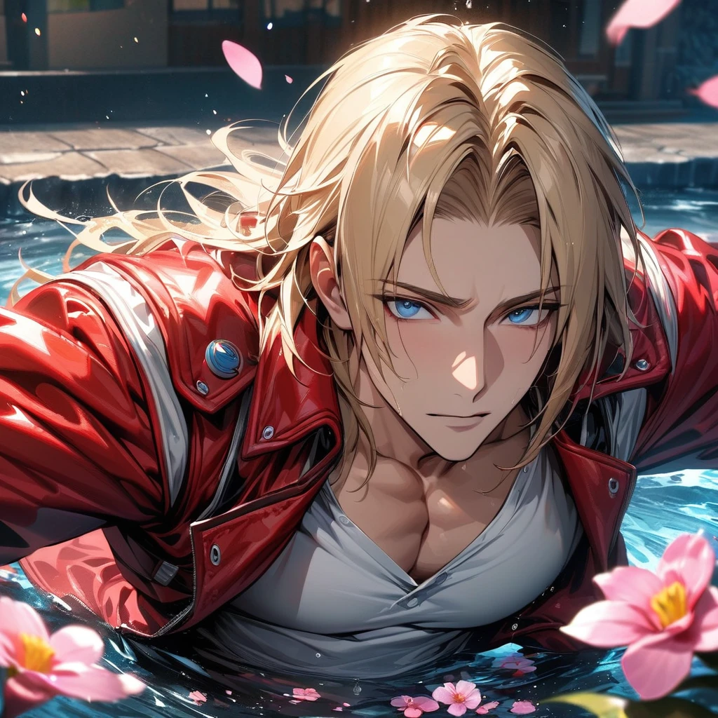 absurdres, highres, ultra detailed, HDR, master piece, best quality, extremely detailed face and eyes, Terry Bogard, blond hair, expressive blue eyes, The King Of Fighters, red cap, red jacket, white shirt, black gloves, solo, sexy man, handsome, pink flowers, water, spring