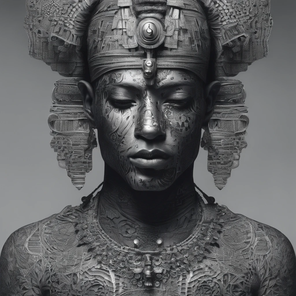 The Egyptian man was covered in small people wearing various forms of black., In the form of detailed atmospheric portraits, Indigo and Bronze, Made from all of the above, social media portrait photography, exquisite texture, disrupted, emotional expression,