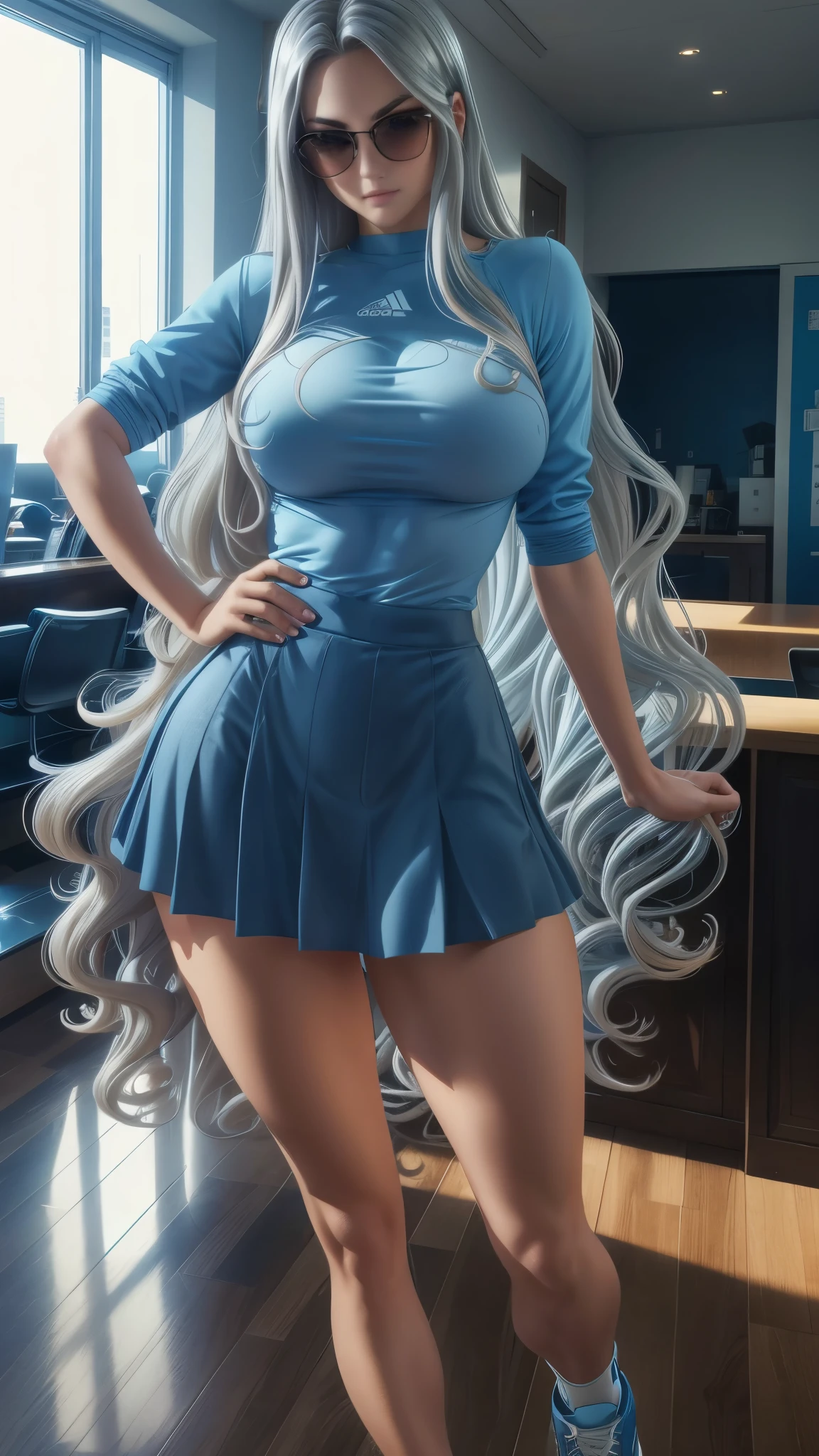 wavy silver hair that cascades to the middle of her back.  Brown eyes.  Slim and athletic build.  She was wearing a  skirt in shades of blue, a light blue shirt.  He was wearing sports shoes. Very Busty. 