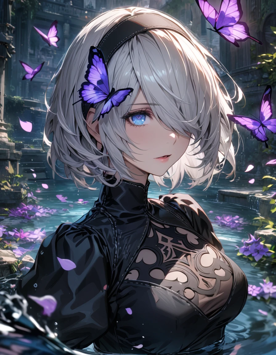 Ultra detailed, Highres, absurdres, HDR, 2B, white hair, short hair, black hairband, expressive blue eyes, hair over the right eye, black dress with patterns, black gloves, Nier Automata, purple flowers, petals, extremely beautiful, woman, solo, very detailed eyes and face, purple butterflies, water, master piece, best quality, glittering